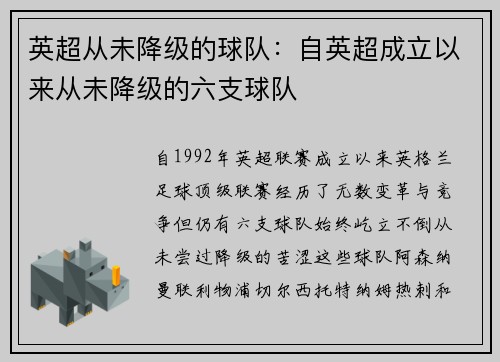 英超从未降级的球队：自英超成立以来从未降级的六支球队