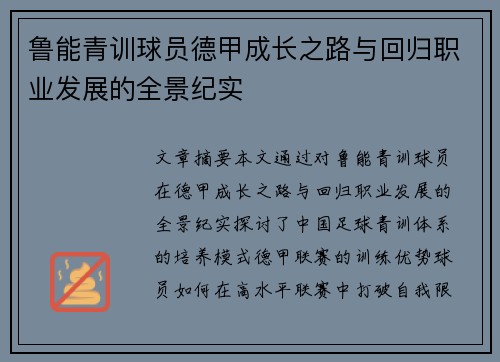 鲁能青训球员德甲成长之路与回归职业发展的全景纪实